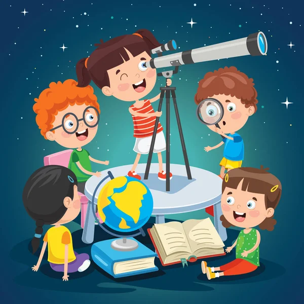 Niño Usando Telescopio Para Investigación Astronómica — Vector de stock