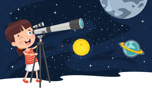 Kid Using Telescope Astronomical Research — Stock Vector