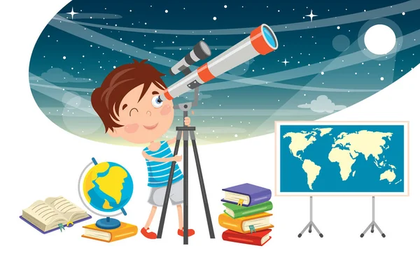 Niño Usando Telescopio Para Investigación Astronómica — Vector de stock