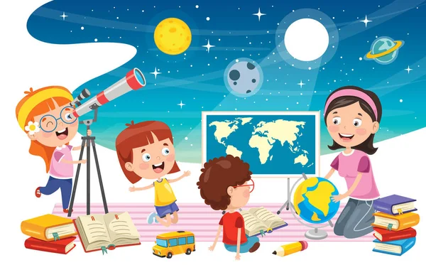 Kid Using Telescope Astronomical Research — 图库矢量图片