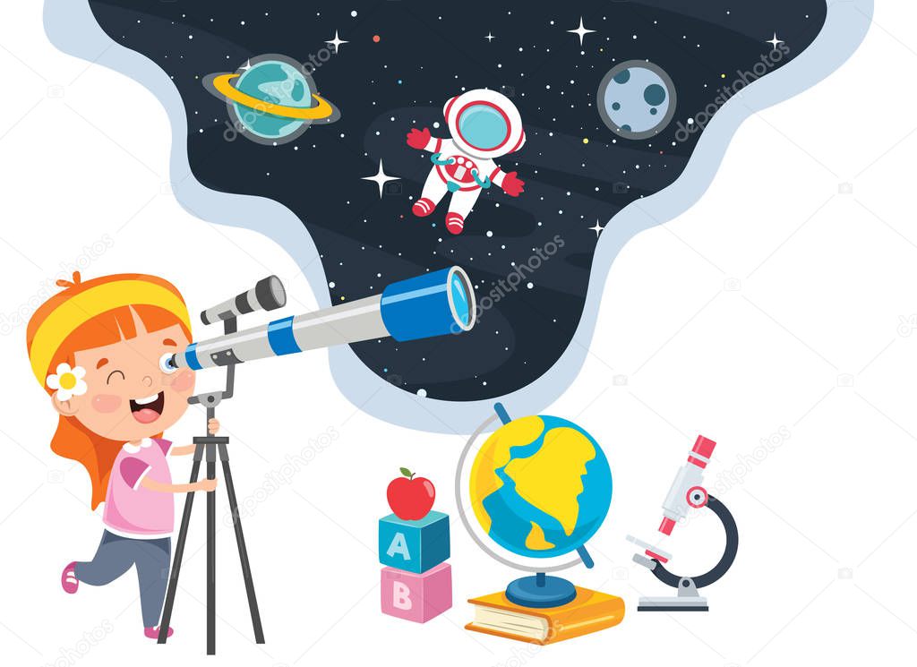 Kid Using Telescope For Astronomical Research