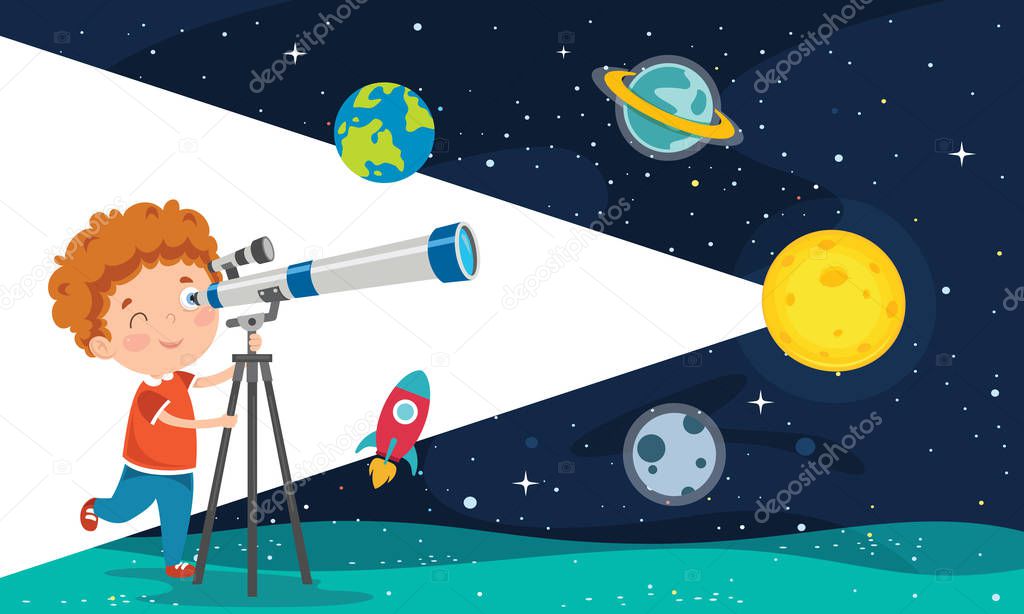 Kid Using Telescope For Astronomical Research