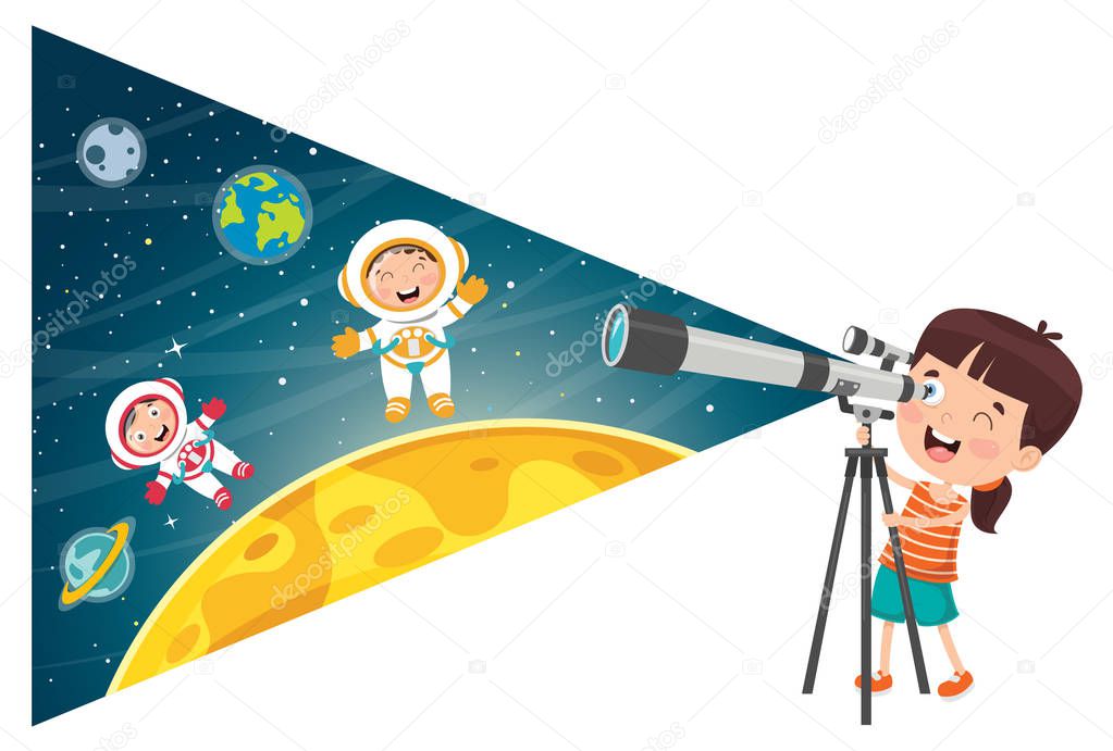 Kid Using Telescope For Astronomical Research