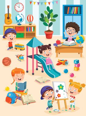 Little Children Studying And Playing At Preschool Classroom clipart