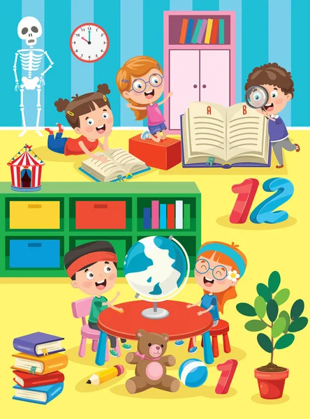 Μικρά Παιδιά Που Μελετούν Και Παίζουν Στην Προσχολική Τάξη — Διανυσματικό Αρχείο