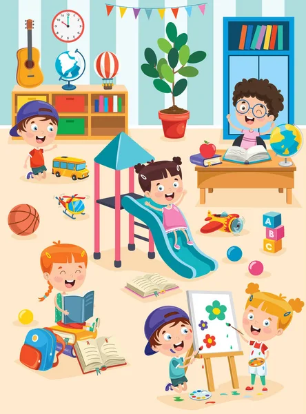 Petits Enfants Étudiant Jouant Classe Préscolaire — Image vectorielle
