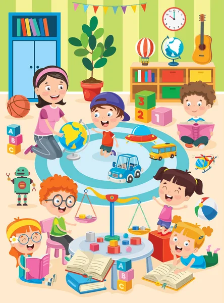 Little Children Studying Playing Preschool Classroom — Stock Vector