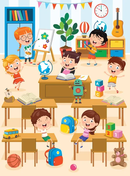 Crianças Estudando Brincando Sala Aula Pré Escolar — Vetor de Stock
