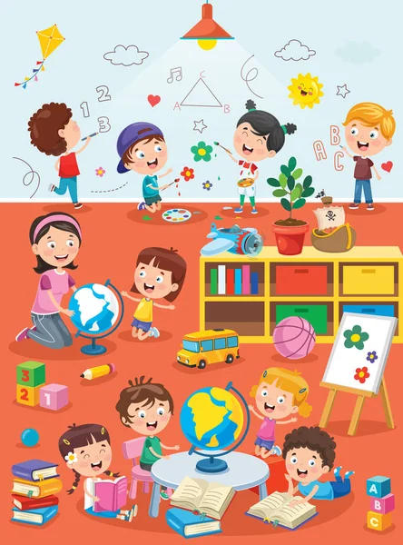 Små Barn Studerar Och Leker Förskoleklassrummet — Stock vektor