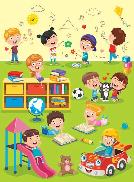 Anaokulu Sınıfında Ders Çalışan Oynayan Küçük Çocuklar — Stok Vektör