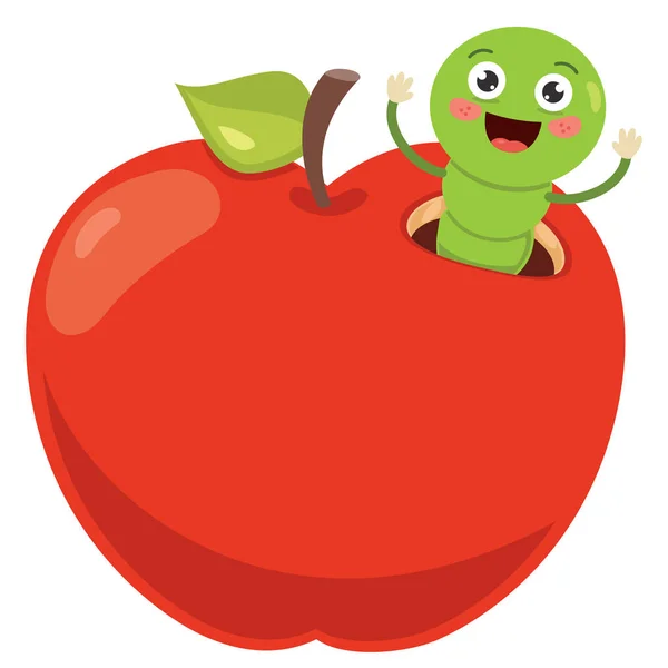 Red Apple Cute Worm Cartoon — Stock Vector