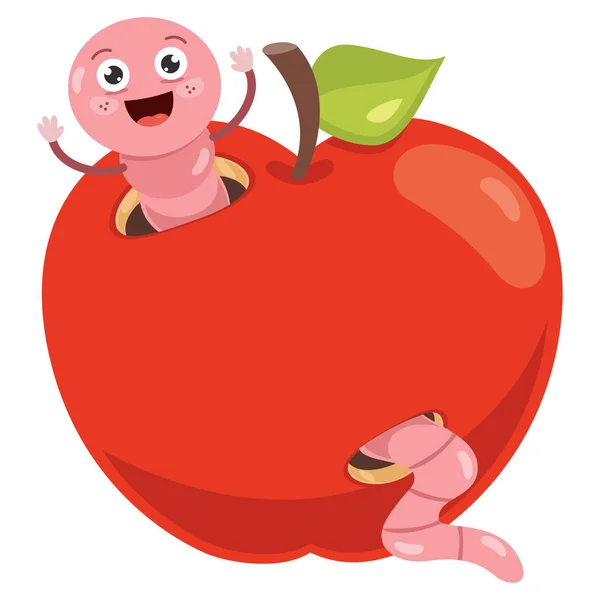 Red Apple Cute Worm Cartoon — Stock Vector