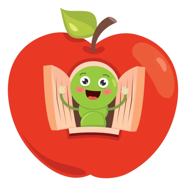 Roter Apfel Und Niedlicher Wurm Cartoon — Stockvektor