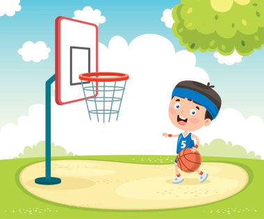 Küçük çocuk dışarıda basketbol oynuyor.
