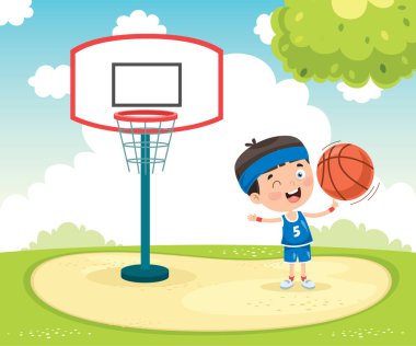 Küçük çocuk dışarıda basketbol oynuyor.