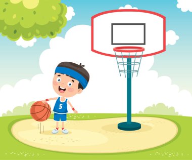 Küçük çocuk dışarıda basketbol oynuyor.