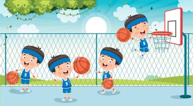 Küçük çocuk dışarıda basketbol oynuyor.