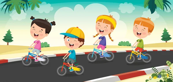 Niños Pequeños Felices Montando Bicicleta — Vector de stock