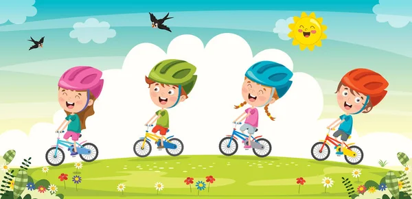 Niños Pequeños Felices Montando Bicicleta — Vector de stock