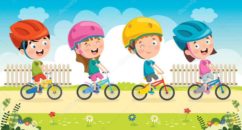 Happy Little Children Riding Bicycle