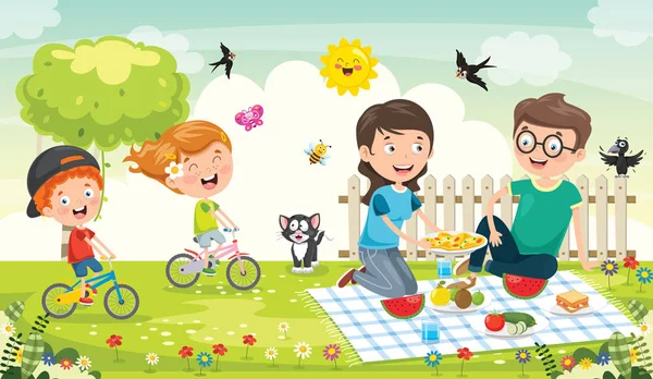 自然でピクニックをする幸せな家族 — ストックベクタ
