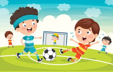 Küçük çocuklar dışarıda futbol oynuyor.