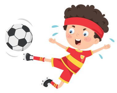 Küçük çocuk dışarıda futbol oynuyor.