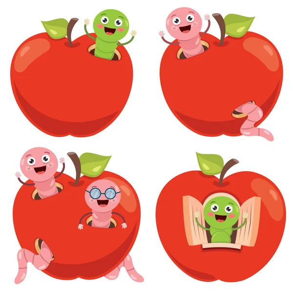 Pomme Rouge Ver Bande Dessinée — Image vectorielle