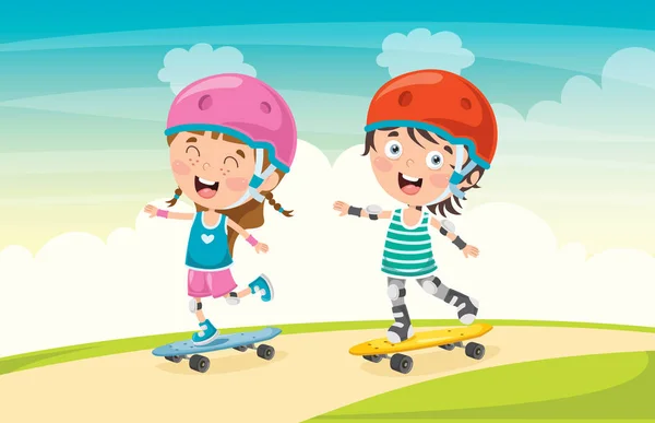 Happy Little Children Skateboarding Afuera — Vector de stock