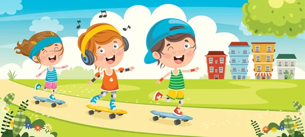 Happy Little Children Skateboarden Buiten — Stockvector