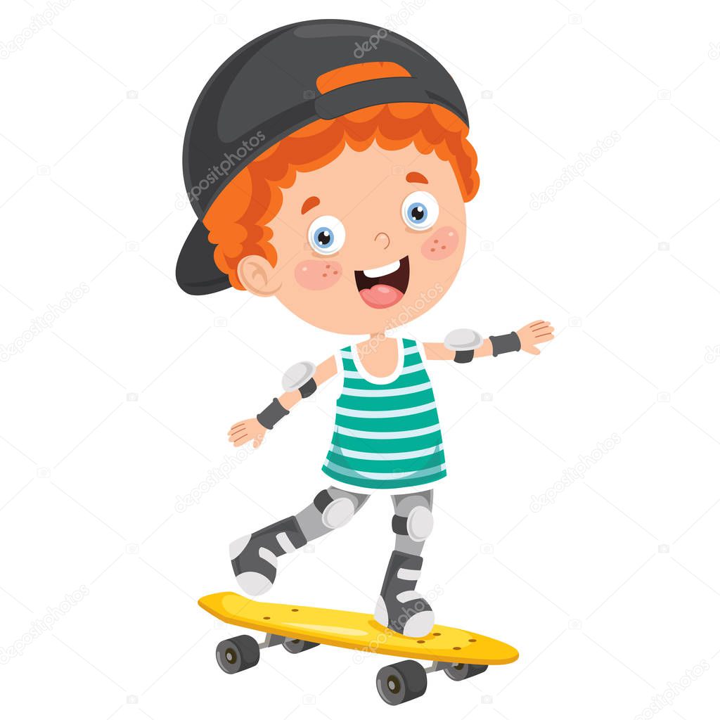 Happy Little Child Skateboarding Outside