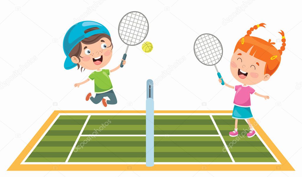 Cute Happy Kids Playing Tennis
