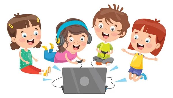 Pequeño Niño Feliz Usando Tecnología — Vector de stock