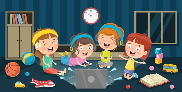Μικρό Χαρούμενο Παιδί Που Χρησιμοποιεί Τεχνολογία — Διανυσματικό Αρχείο