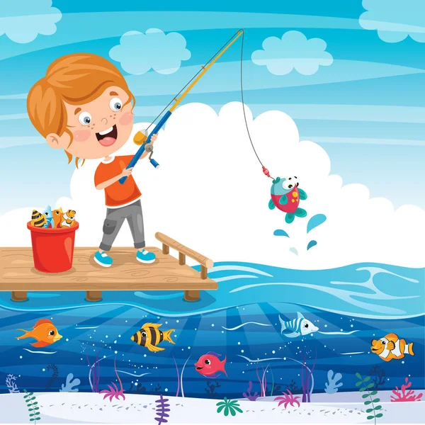 Happy Little Kid Fishing Pier - Stok Vektor