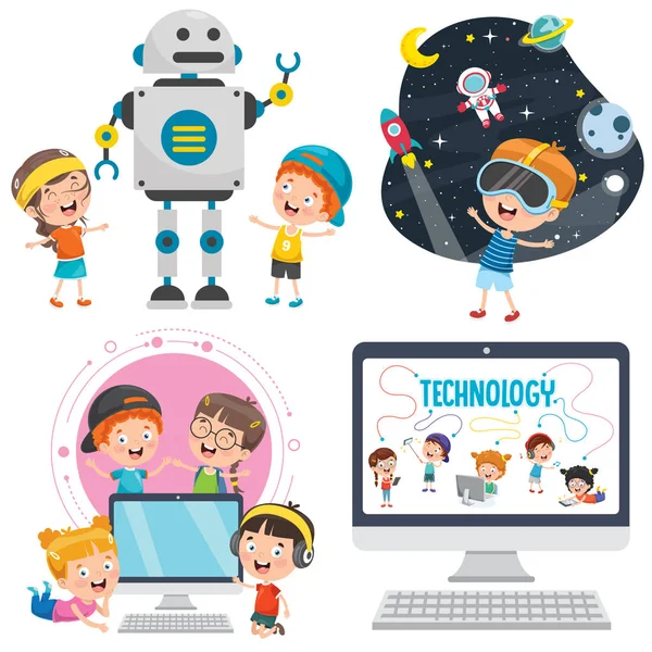 Petits Enfants Utilisant Des Dispositifs Technologiques — Image vectorielle