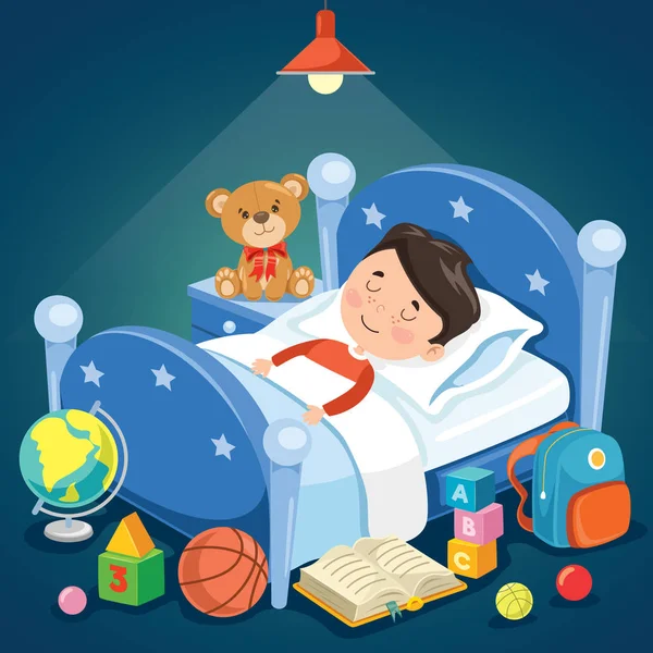 Little Cute Kid Sleeping Bed — Stock Vector