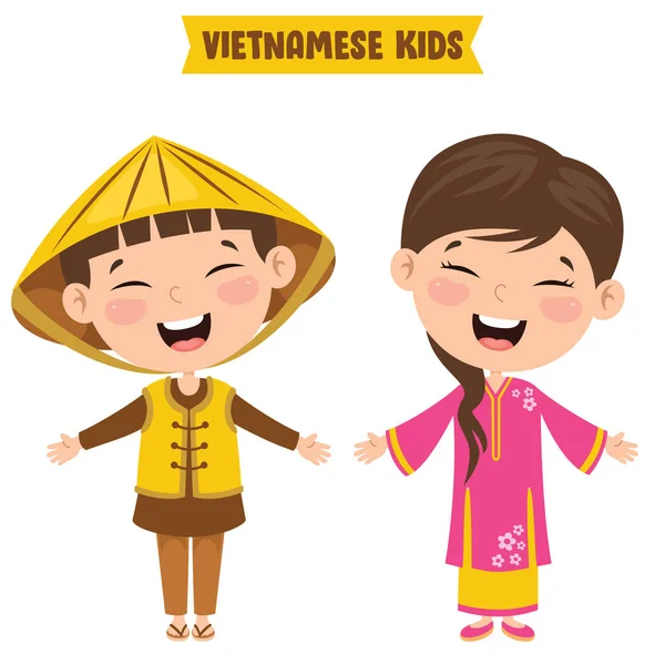 Βιετναμέζικα Παιδιά Παραδοσιακά Ρούχα — Διανυσματικό Αρχείο