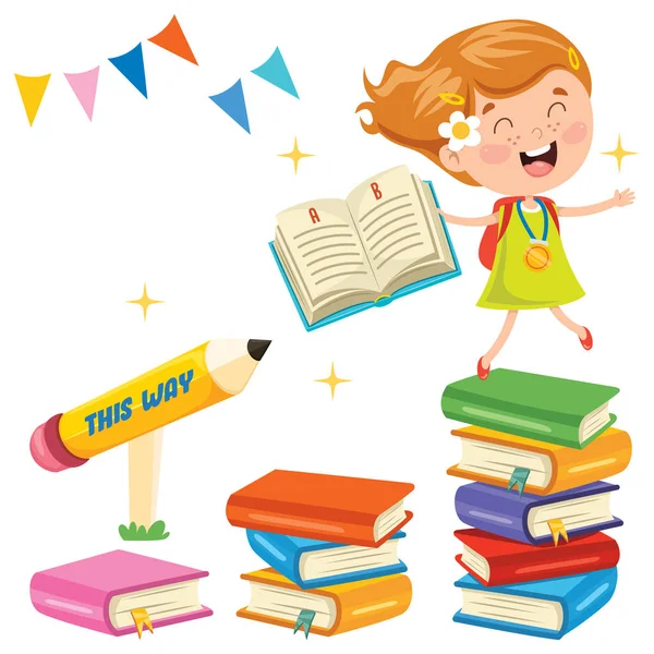Nettes Schulkind Und Bunte Bücher — Stockvektor