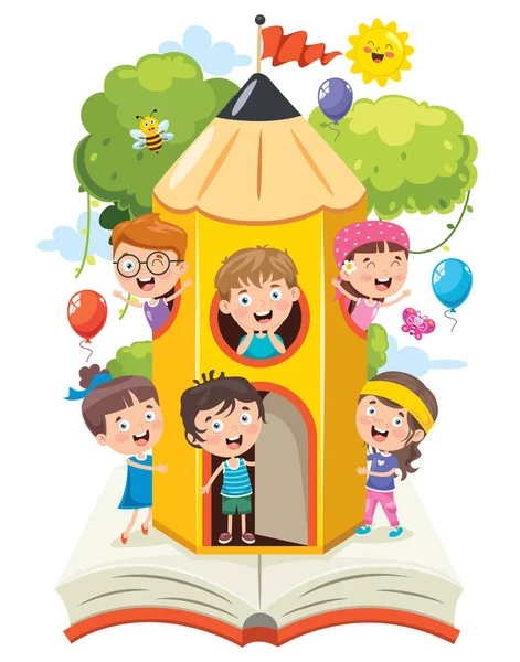 Lindos Niños Jugando Casa Del Lápiz — Vector de stock