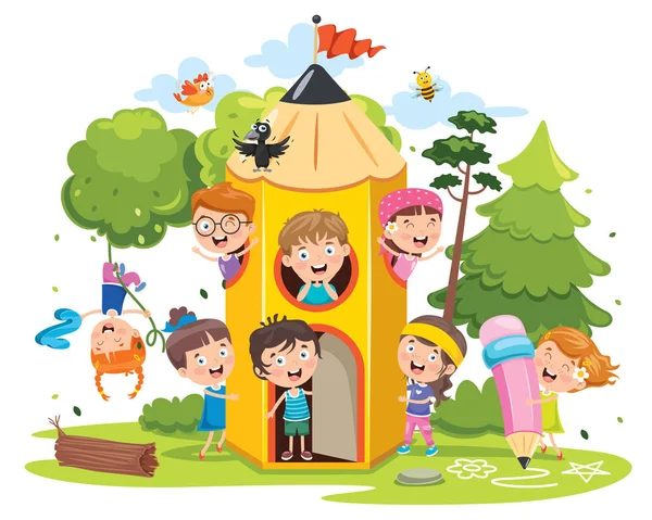 Cute Children Playing Pencil House — 스톡 벡터