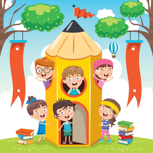 Cute Dzieci Bawiące Się Ołówku House — Wektor stockowy