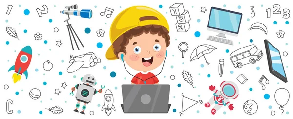 Banner Little Kid Using Technology — Stock Vector