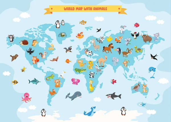 Mapa Del Mundo Con Animales Dibujos Animados — Vector de stock