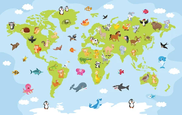 World Map Cartoon Animals — Stock Vector