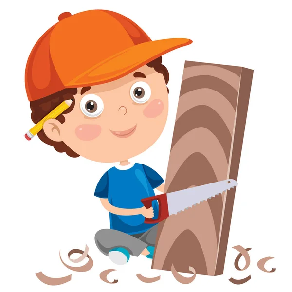 Little Cartoon Carpenter Working Woods — стоковый вектор