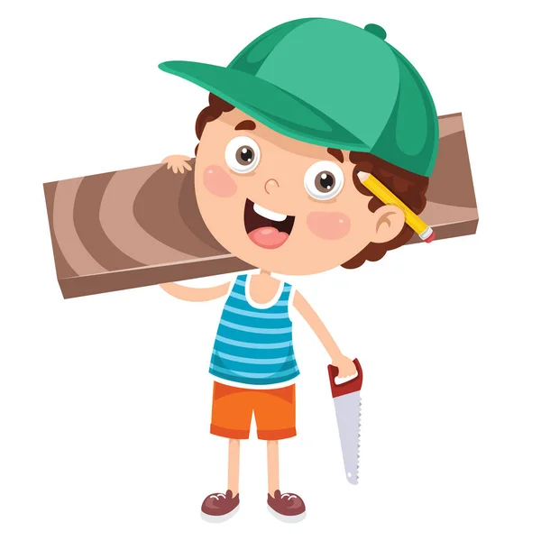 Little Cartoon Carpenter Working Woods — Stock Vector