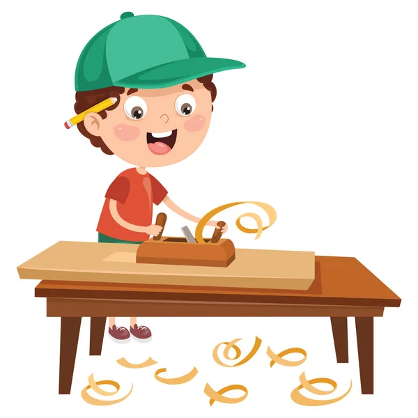 Little Cartoon Carpenter Bekerja Dengan Woods - Stok Vektor