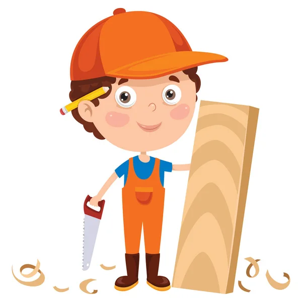 Little Cartoon Carpenter Working Woods — Stock Vector