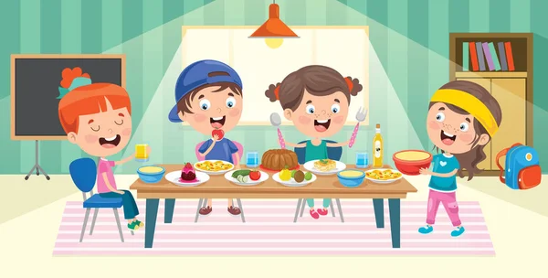 Four Little Children Eating At Kitchen — Stock Illustration Four Little Children Eating Kitchen Stock Illustration